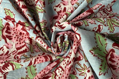 Sky Blue Floral Hand Block Printed Running Fabric Natural Dyed Dress Materiel HF6407