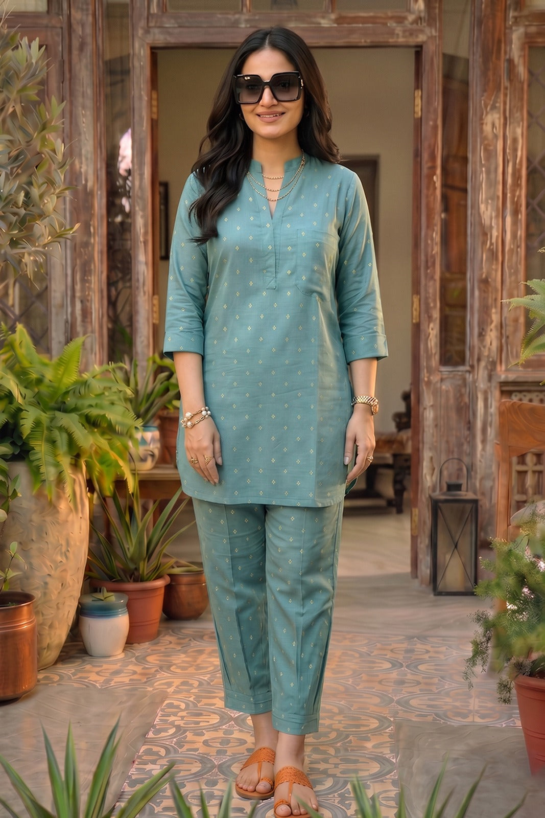 Dusty Aqua Cotton Zari Dobby Co-ord Set-NVCD47