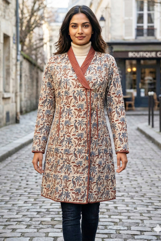 Bagru Red Angrakha Quilted Coat-NVQJ646