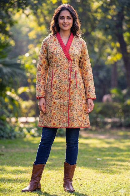 Mustard Red Angrakha Quilted Coat-NVQJ644