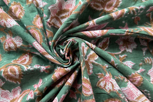 Floral Hand Block Printed Running Fabric Natural Dyed Dress Materiel HF6404