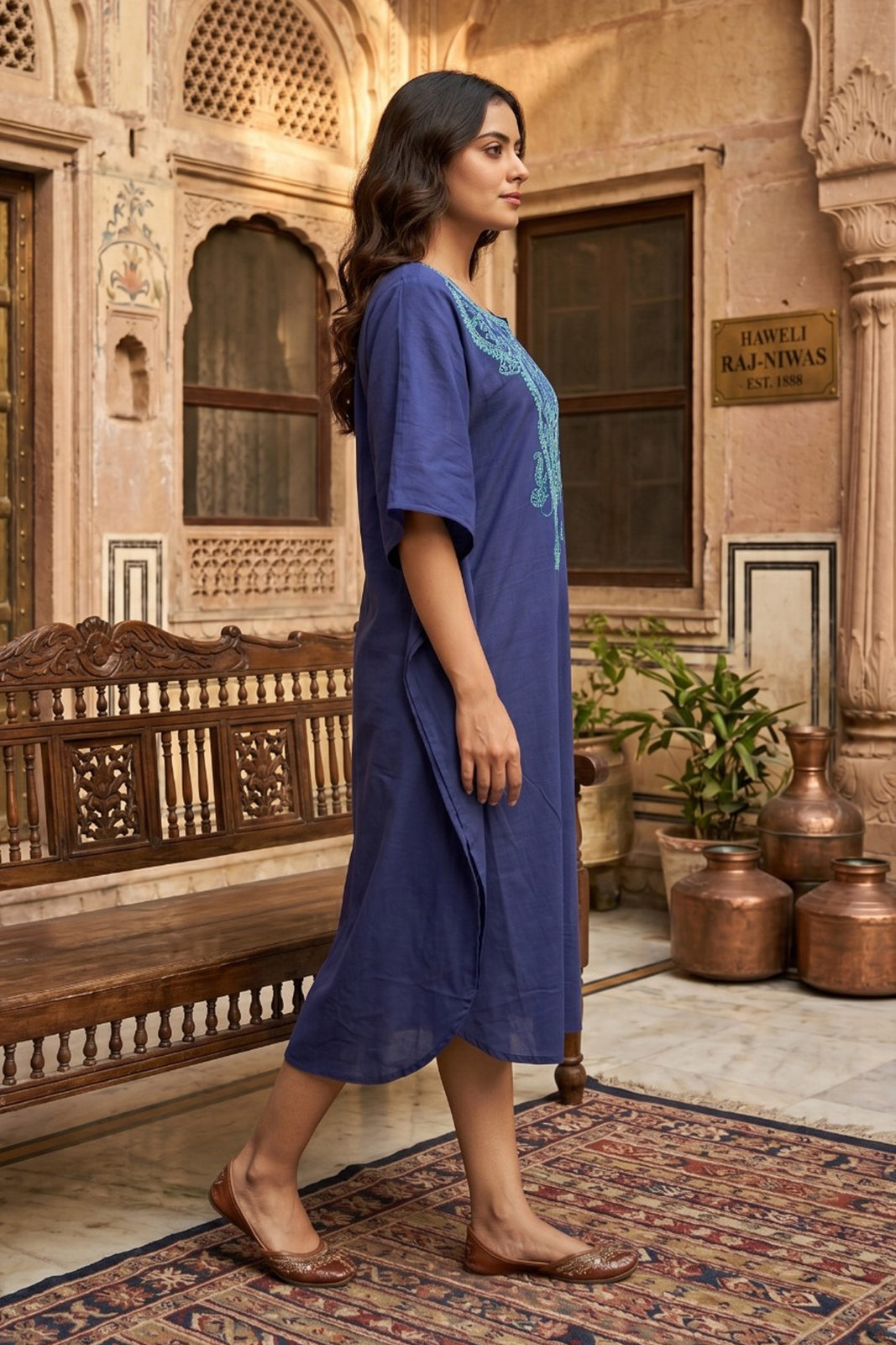 Blue Embroidered Cotton  Kaftan - NVK571