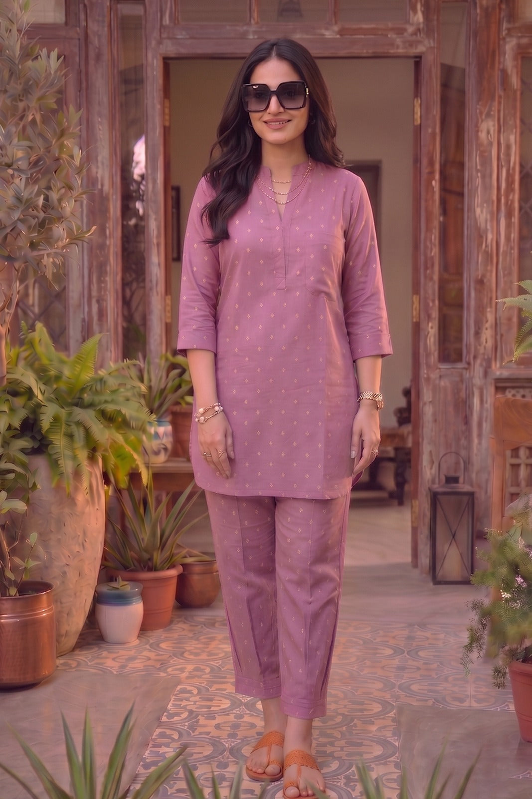 Rose Pink Cotton Zari Dobby Co-ord Set-NVCD48
