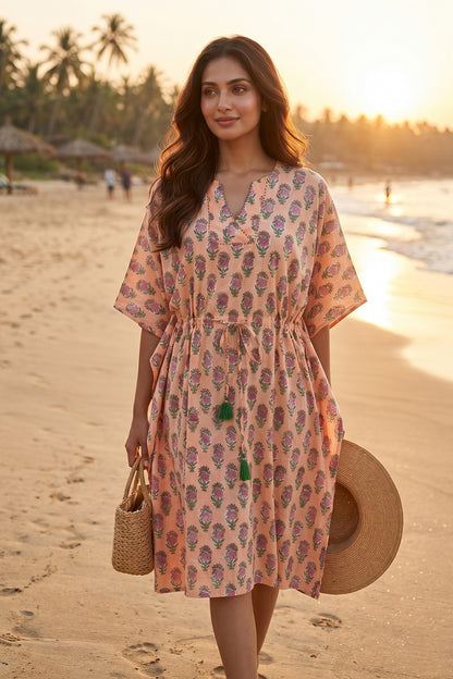 Peach Floral Hand Block Printed Kaftan Dress- NVK583