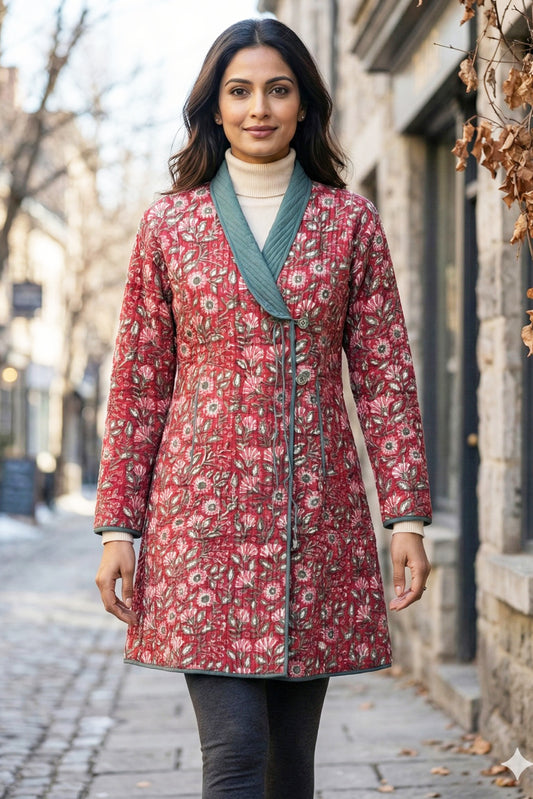 Red Grey Angrakha Quilted Coat-NVQJ645
