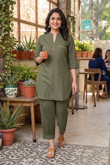 Green Slub Cotton Co-ord Set-NVCD43