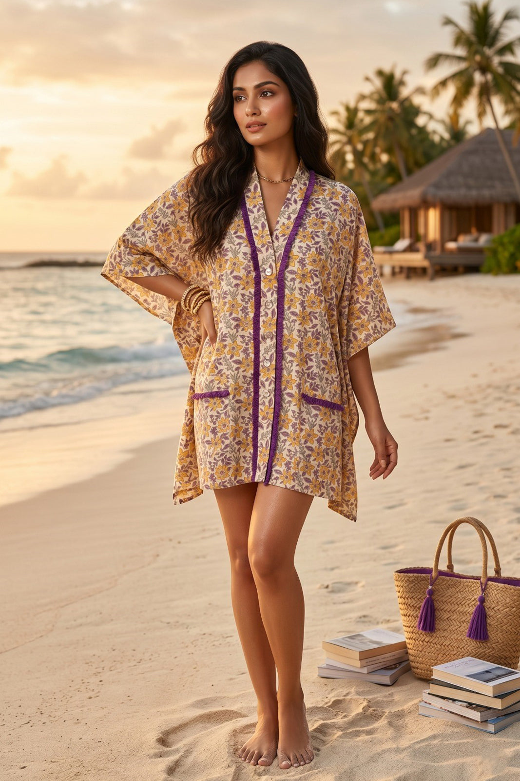 BEIGE FLORAL BLOCK PRINT COTTON KAFTAN TOP - NVK577