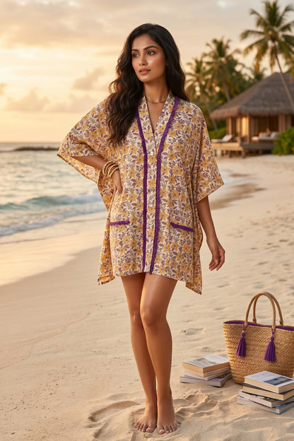 BEIGE FLORAL BLOCK PRINT COTTON KAFTAN TOP - NVK577