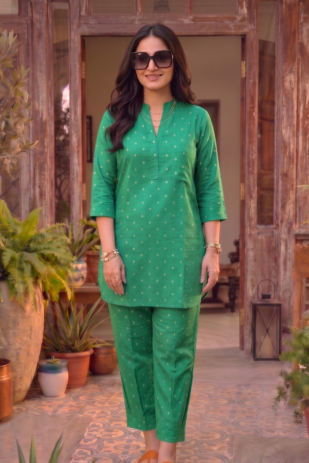 Emerald Green Cotton Zari Dobby Co-ord Set-NVCD46