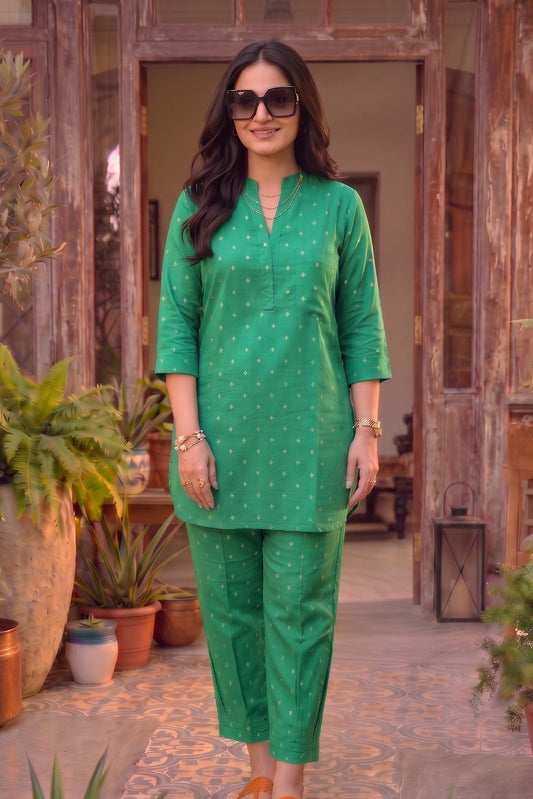 Emerald Green Zari Dobby Co-ord Set-NVCD46
