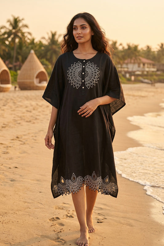 BLACK EMBROIDERED COTTON  KAFTAN - NVK582