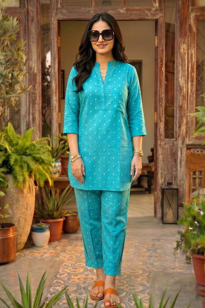 Dusty Aqua Zari Dobby Co-ord Set-NVCD47