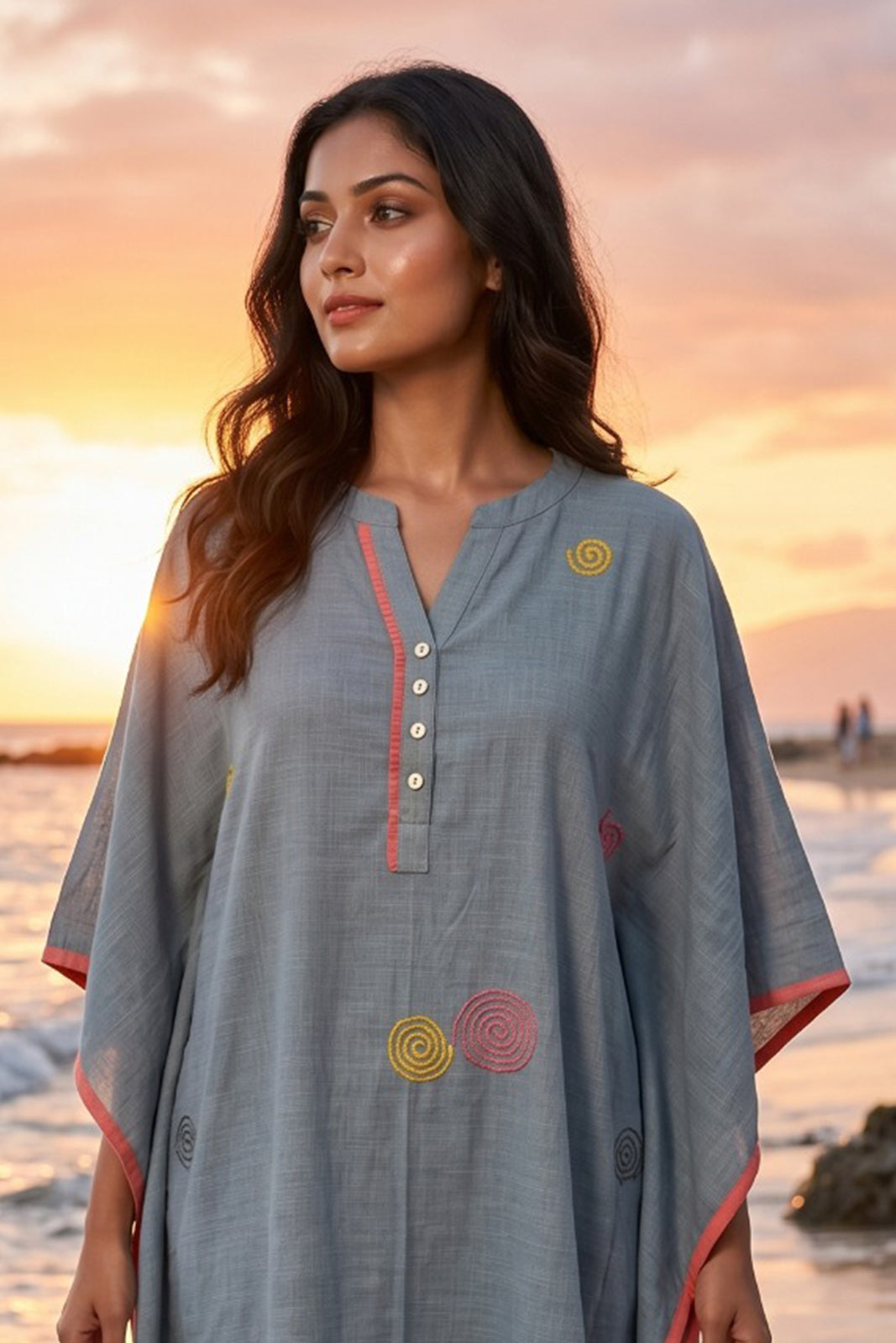 Grey Embroidered Cotton  Kaftan - NVK574