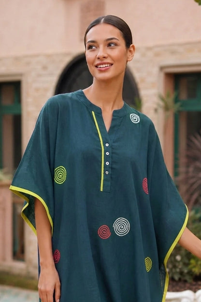 TEAL GREEN EMBROIDERY COTTON KAFTAN - NVK599