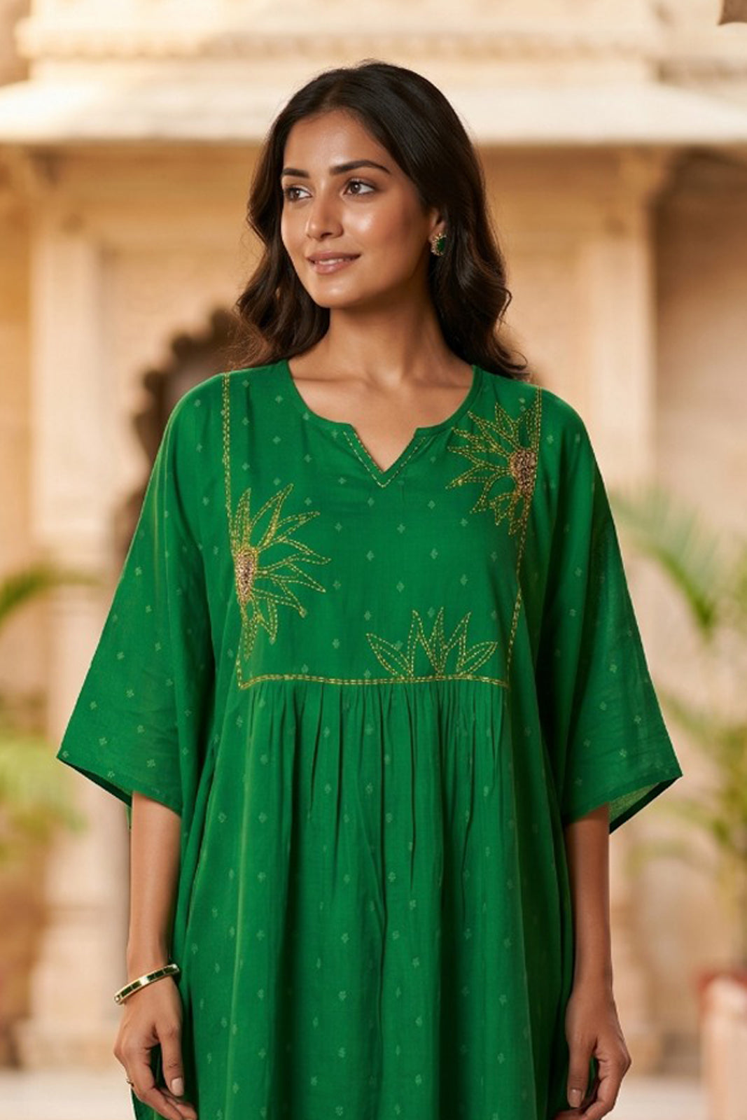 GREEN EMBROIDERED COTTON  KAFTAN - NVK581