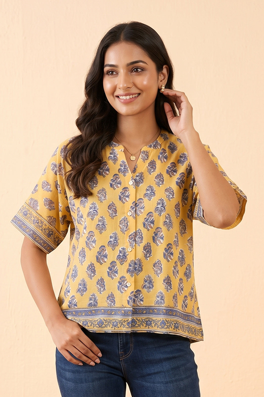 YELLOW BLUE FLORAL COTTON SHIRT TOP-NFT160