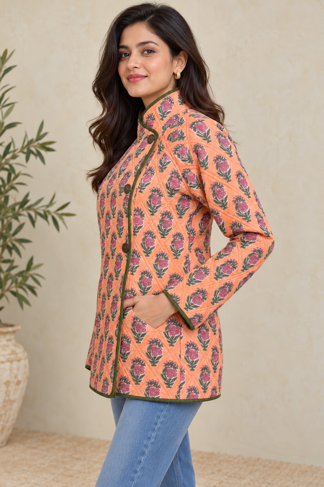 PEACH BLOOM HAND BLOCK PRINTED QUILTED COTTON JACKET-NVQJ671