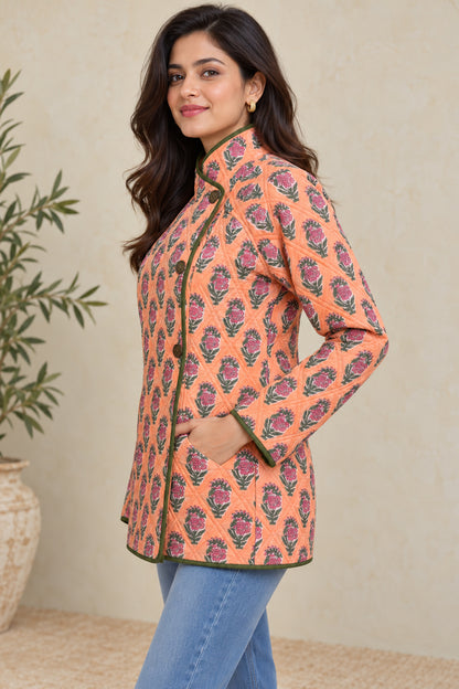 PEACH BLOOM HAND BLOCK PRINTED QUILTED COTTON JACKET-NVQJ671