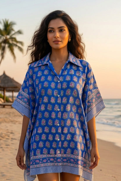 BLUE BLOCK PRINTED KAFTAN TOP -NVK598