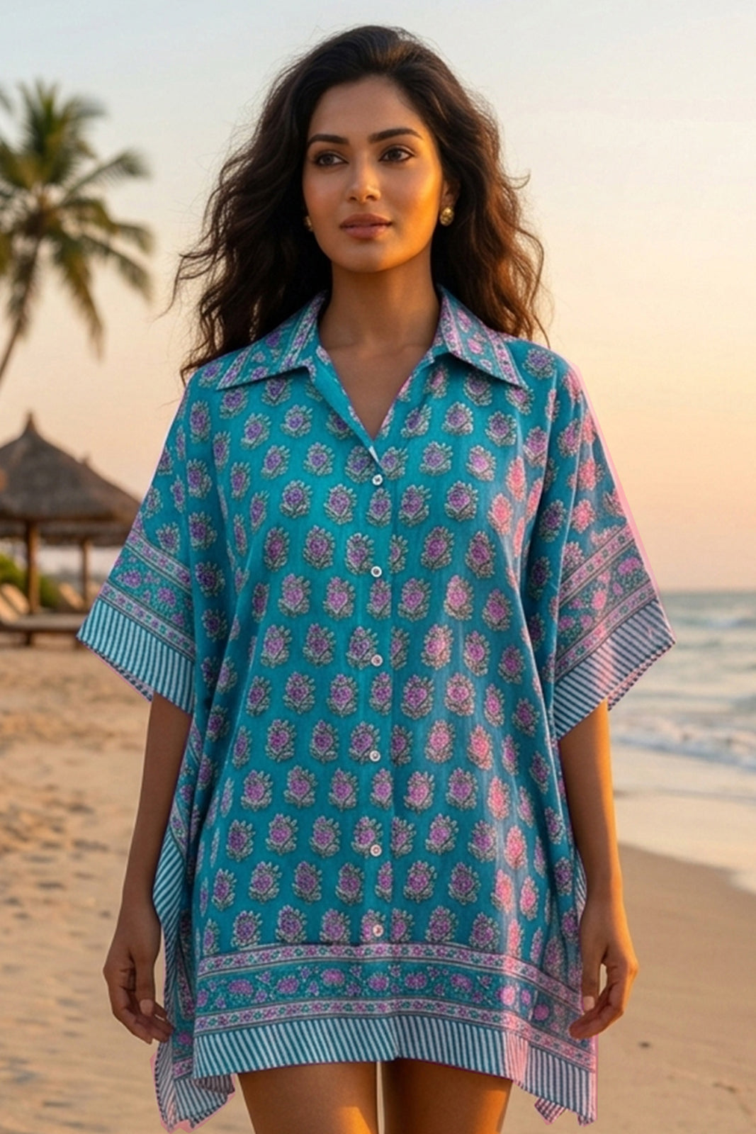 TEAL BLUE BLOCK PRINTED KAFTAN TOP -NVK598