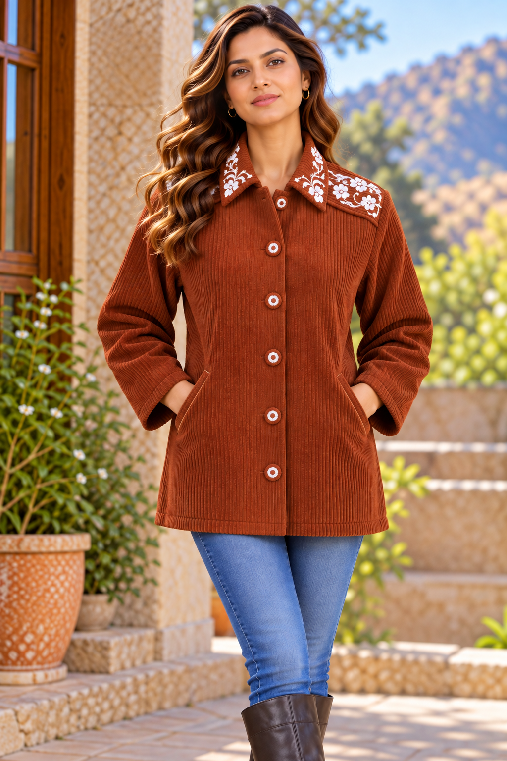Rust Brown Floral Embroidered Corduroy Jacket-NVQJ684