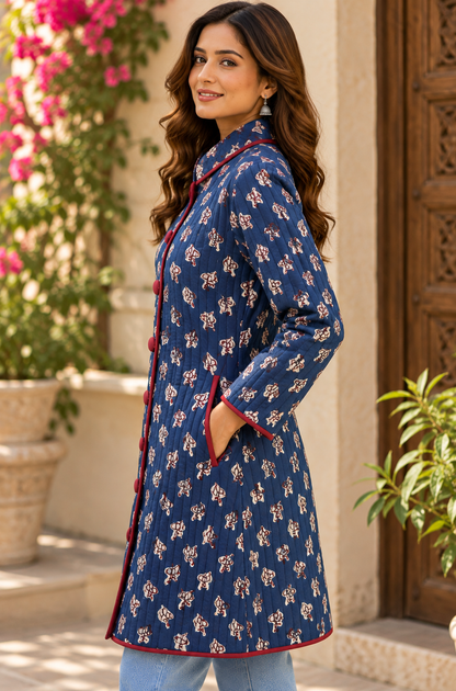 Natural Indigo Bukhara Quilted Coat