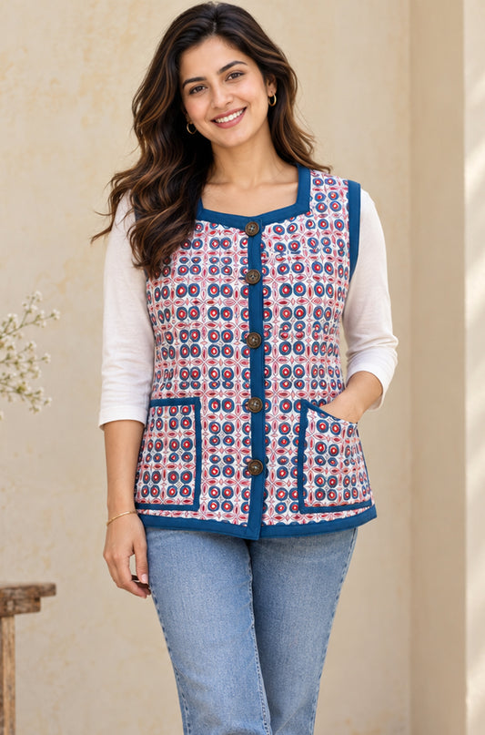 Teal Blue Reversible Quilted Sleeveless Jacket