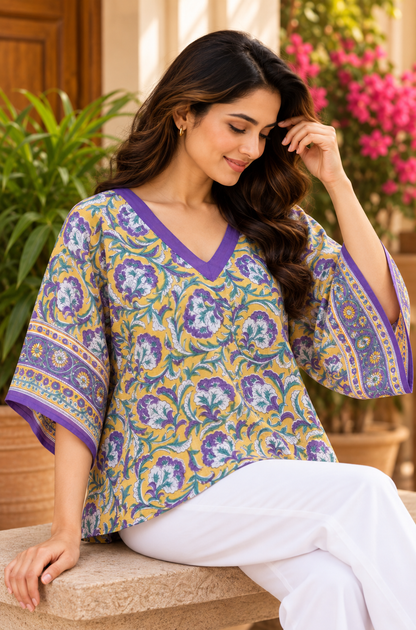YELLOW PURPLE COTTON MULMUL SHORT KAFTAN
