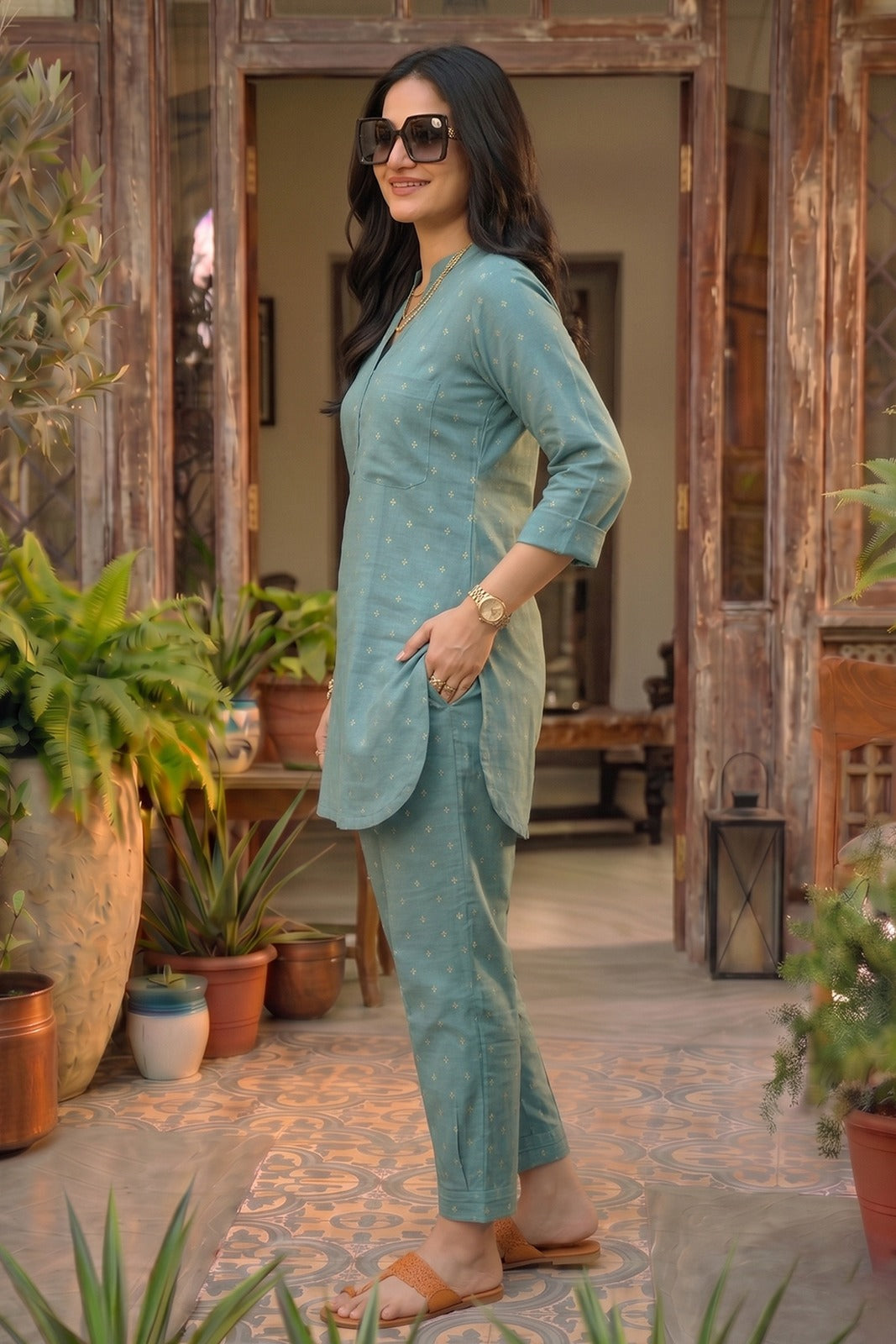 Dusty Aqua Cotton Zari Dobby Co-ord Set-NVCD47