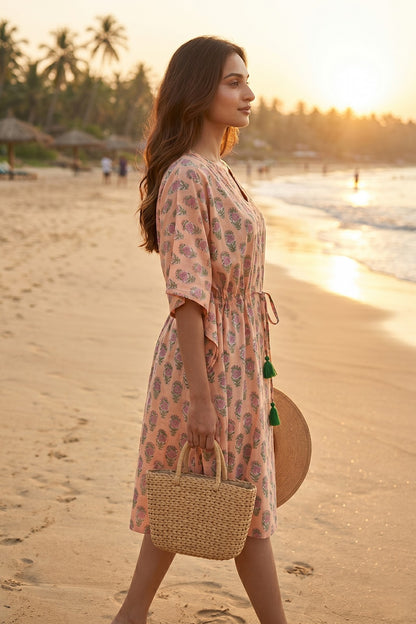 Peach Floral Hand Block Printed Kaftan Dress- NVK583