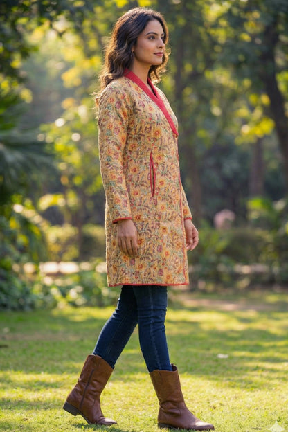 Mustard Red Angrakha Quilted Coat-NVQJ644