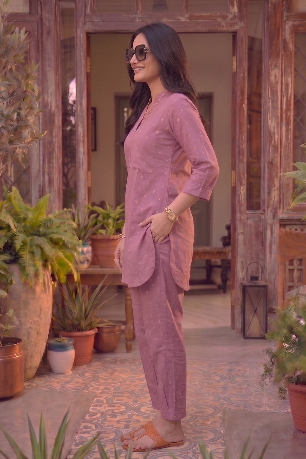 Rose Pink Cotton Zari Dobby Co-ord Set-NVCD48