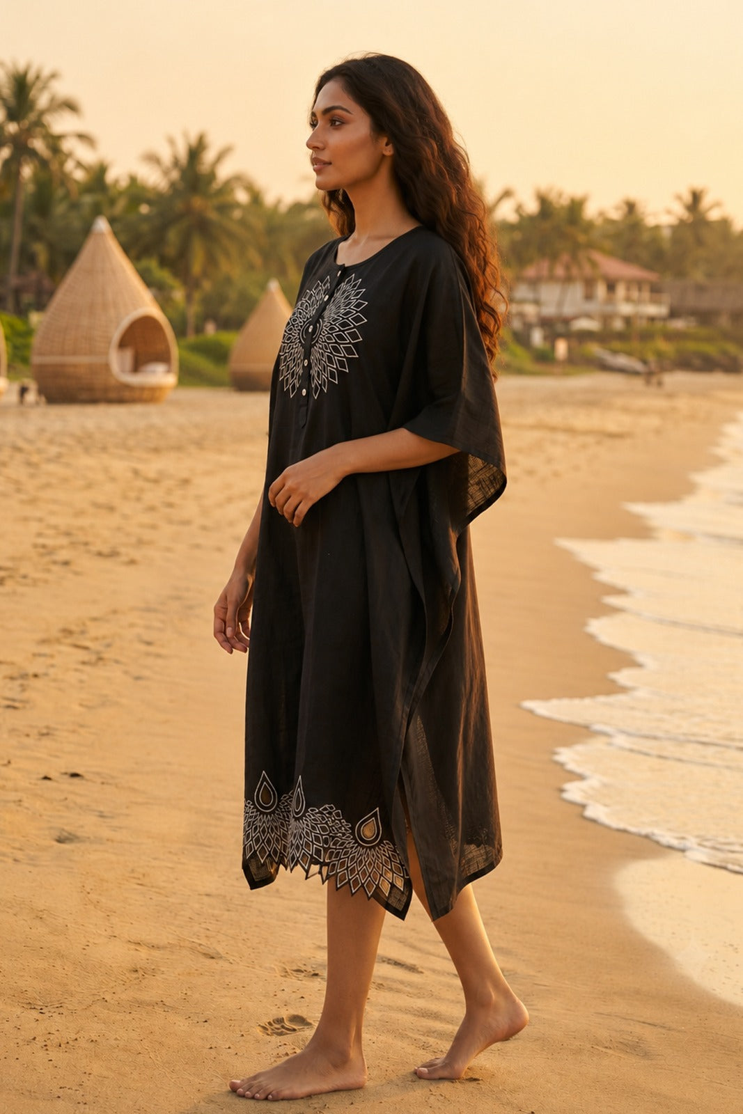 BLACK EMBROIDERED COTTON  KAFTAN - NVK582