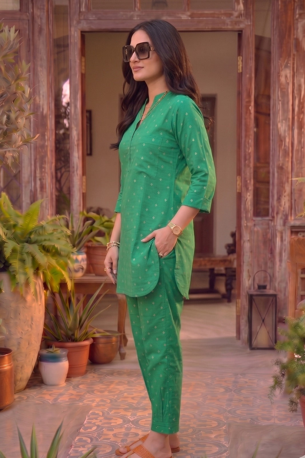 Emerald Green Cotton Zari Dobby Co-ord Set-NVCD46