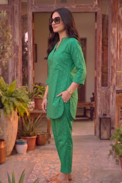 Emerald Green Zari Dobby Co-ord Set-NVCD46