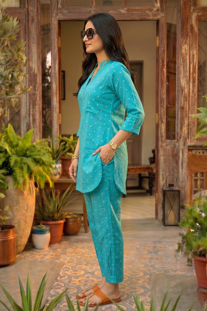 Dusty Aqua Zari Dobby Co-ord Set-NVCD47