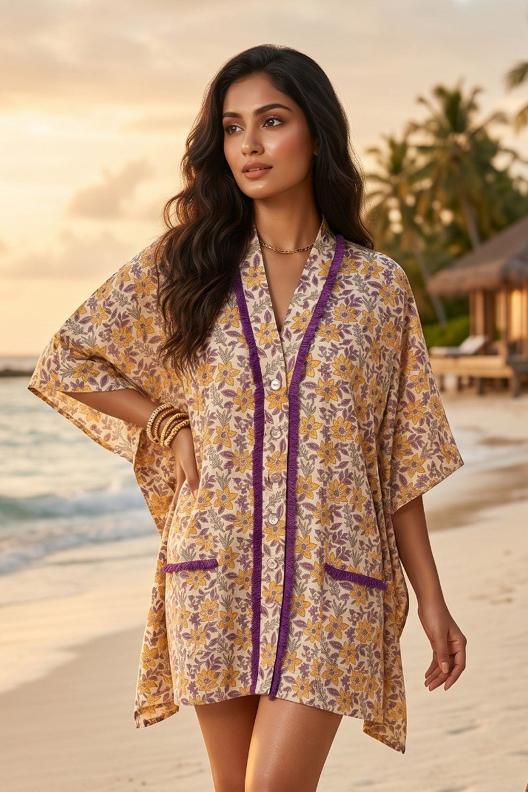 BEIGE FLORAL BLOCK PRINT COTTON KAFTAN TOP - NVK577