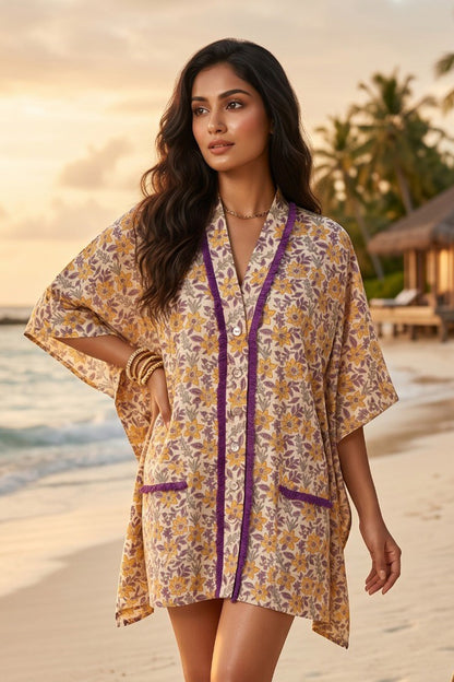 BEIGE FLORAL BLOCK PRINT COTTON KAFTAN TOP - NVK577