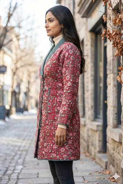 Red Grey Angrakha Quilted Coat-NVQJ645