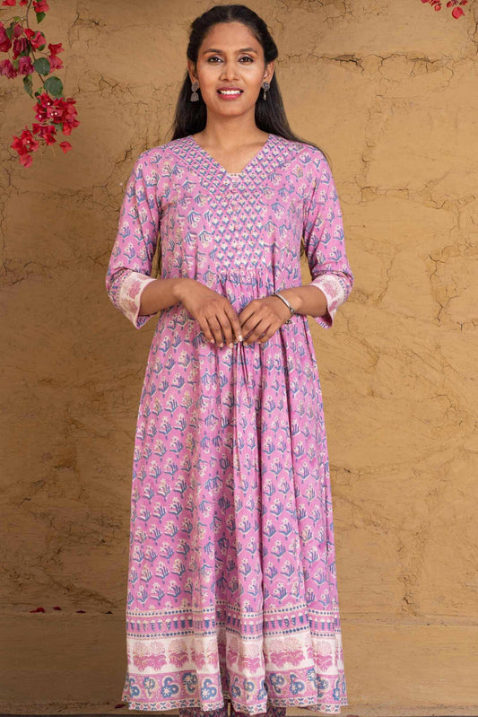 Violet Block Printed Cotton Kurta -KS611