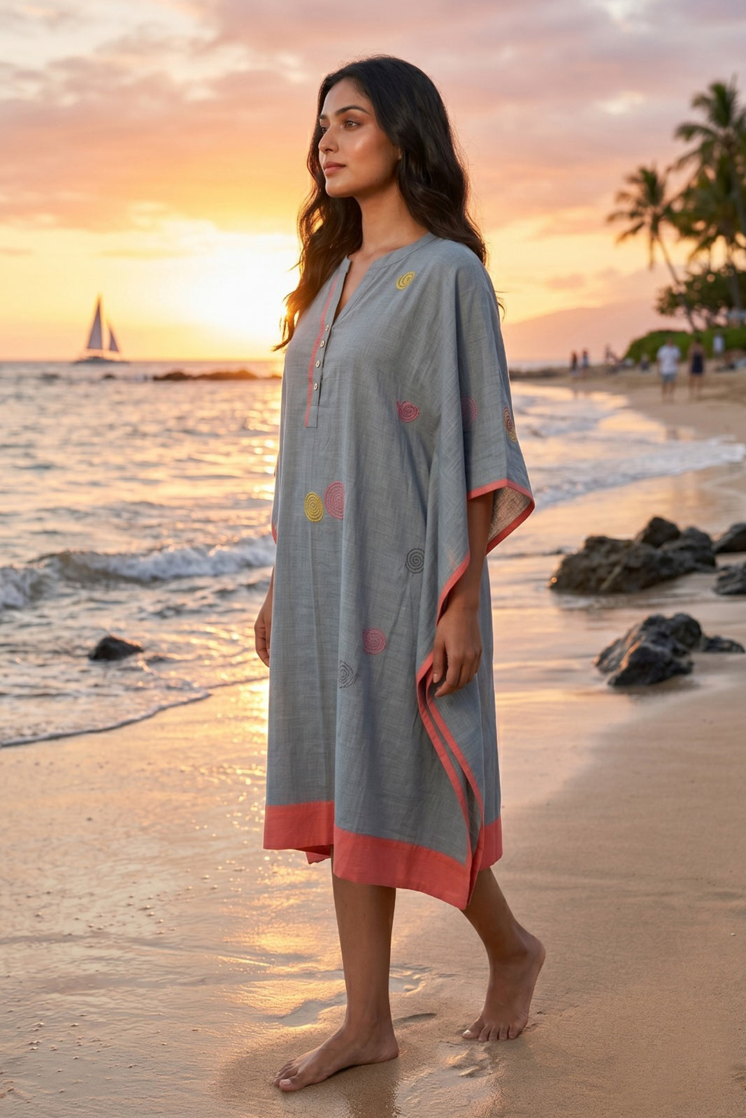 Grey Embroidered Cotton  Kaftan - NVK574