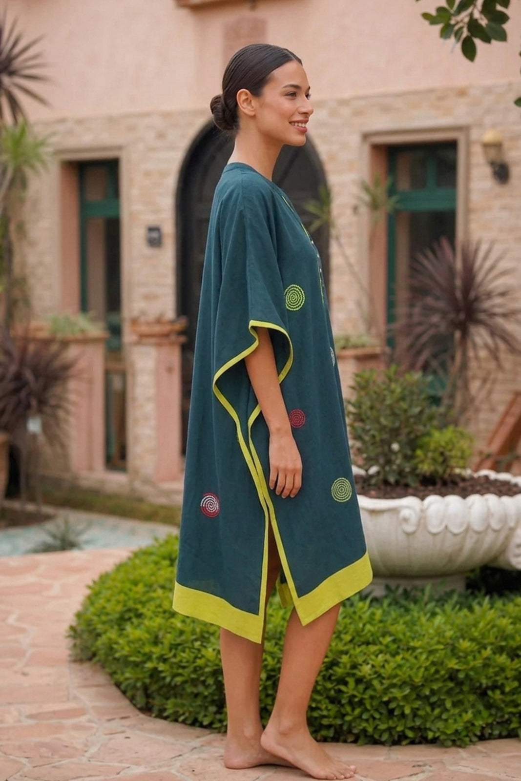 TEAL GREEN EMBROIDERY COTTON KAFTAN - NVK599