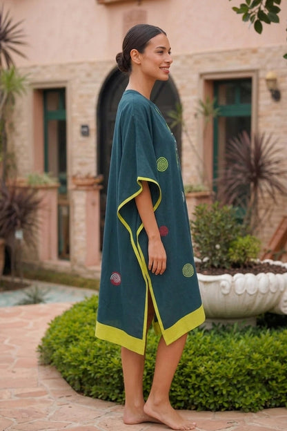TEAL GREEN EMBROIDERY COTTON KAFTAN - NVK599