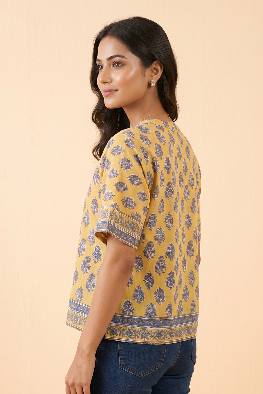 YELLOW BLUE FLORAL COTTON SHIRT TOP-NFT160