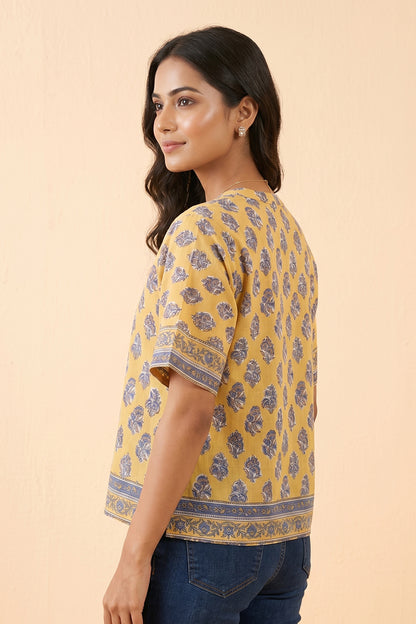 YELLOW BLUE FLORAL COTTON SHIRT TOP-NFT160