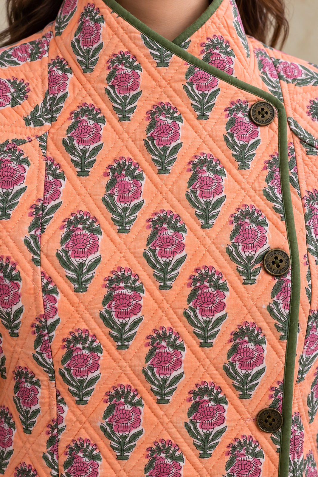 PEACH BLOOM HAND BLOCK PRINTED QUILTED COTTON JACKET-NVQJ671