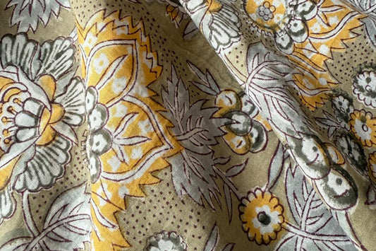 Floral Hand Block Printed Running Fabric Natural Dyed Dress Materiel HF6410