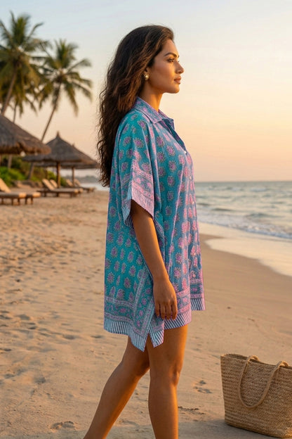 TEAL BLUE BLOCK PRINTED KAFTAN TOP -NVK598