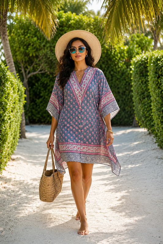 BLUE PINK FLORAL BLOCK PRINT COTTON KAFTAN TOP - NVK585