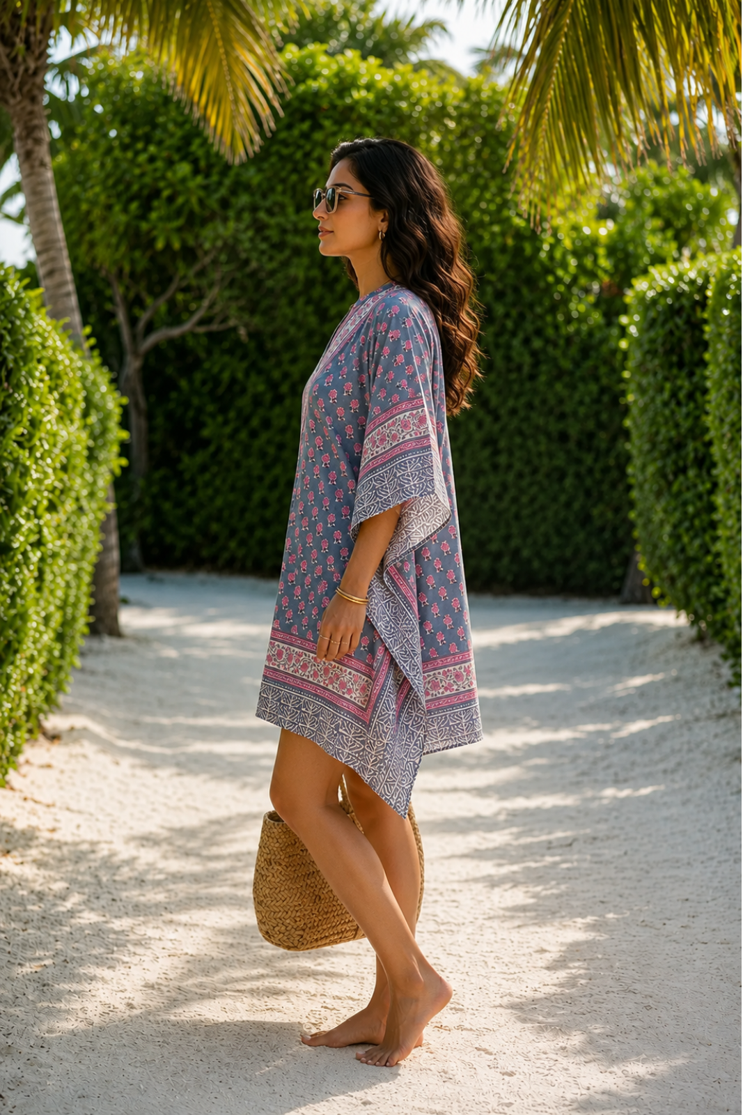 BLUE PINK FLORAL BLOCK PRINT COTTON KAFTAN TOP